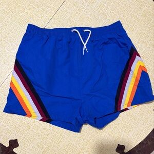 Vintage Blue Athletic Shorts with Multicolor Stripes